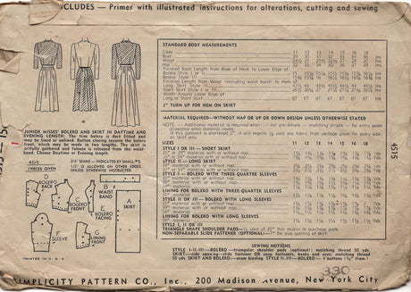 1940's Simplicity Button up Bolero, and Gathered Skirt in two lengths pattern - Bust 29" - No. 4515