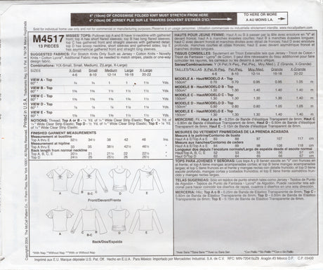 2000's McCall's Rouched Top in 5 Styles Pattern - Bust 38-44" - No. M4517