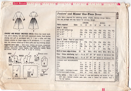 1960's Simplicity Fit and Flare Button Up Dress Pattern with Pleated Skirt - Bust 36" - No. 4519