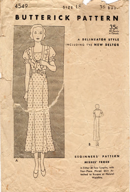 1930's Butterick One-Piece Day Dress with Four Piece Flared Skirt Pattern - Bust 36