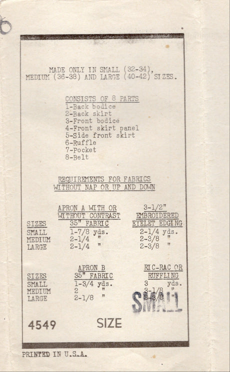 1940's Anne Adams Pinafore Apron Pattern - Bust 32-34" - No. 4549
