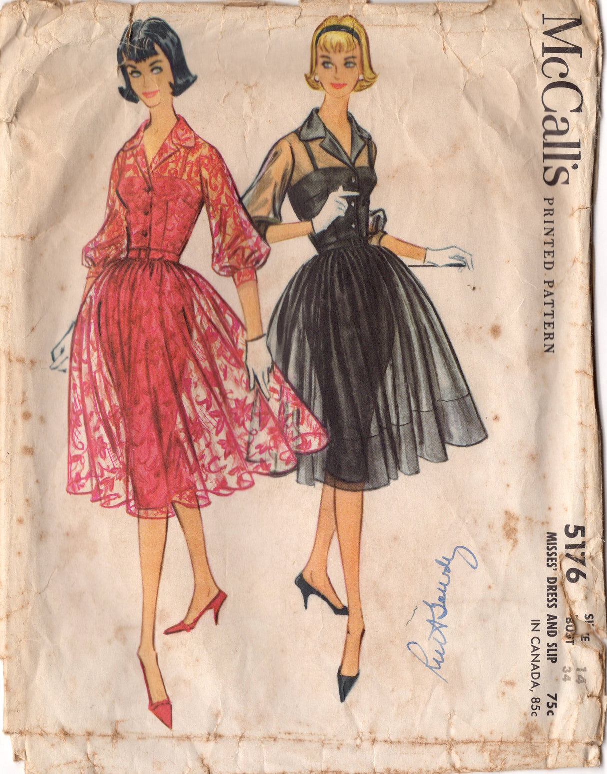 1950's McCall's Shirtwaist Dress and Slip Pattern - Bust 34" - No. 5176