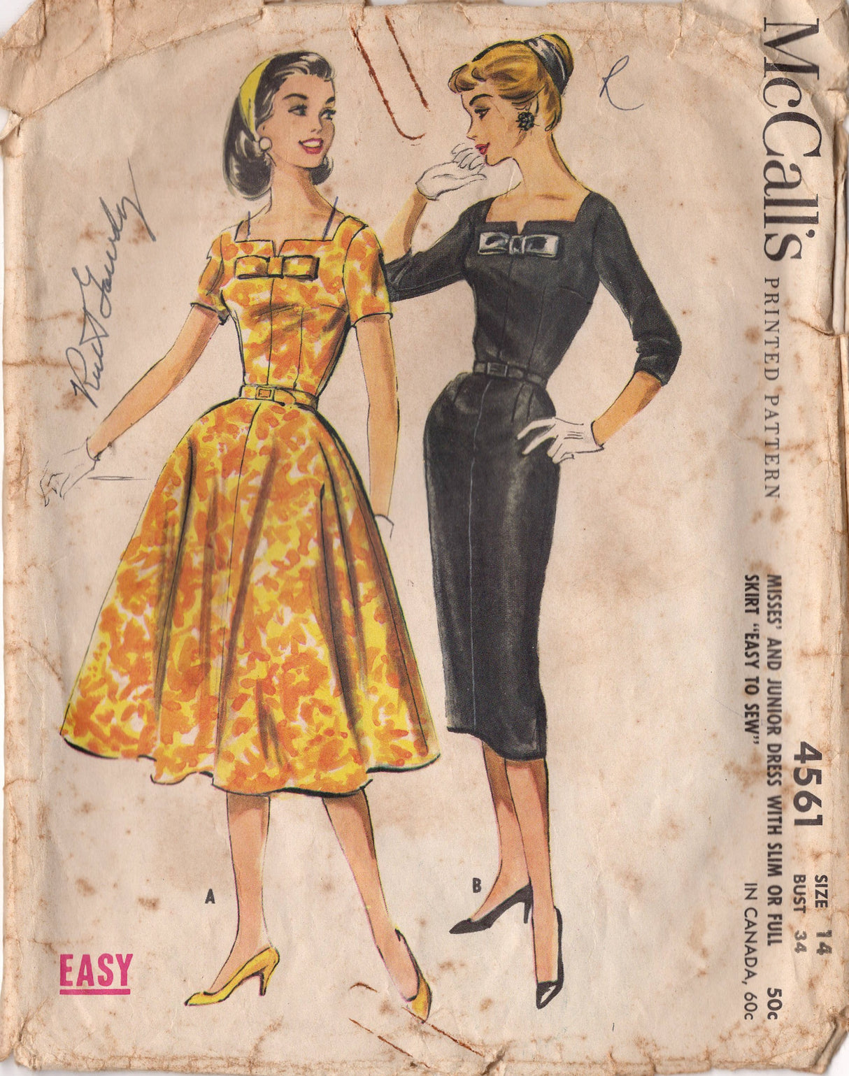 1950's McCall's Notched Neckline and Bow Accent Dress Pattern with Slim or Flared Skirt - Bust 34" - No. 4561