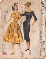1950's McCall's Notched Neckline and Bow Accent Dress Pattern with Slim or Flared Skirt - Bust 34" - No. 4561