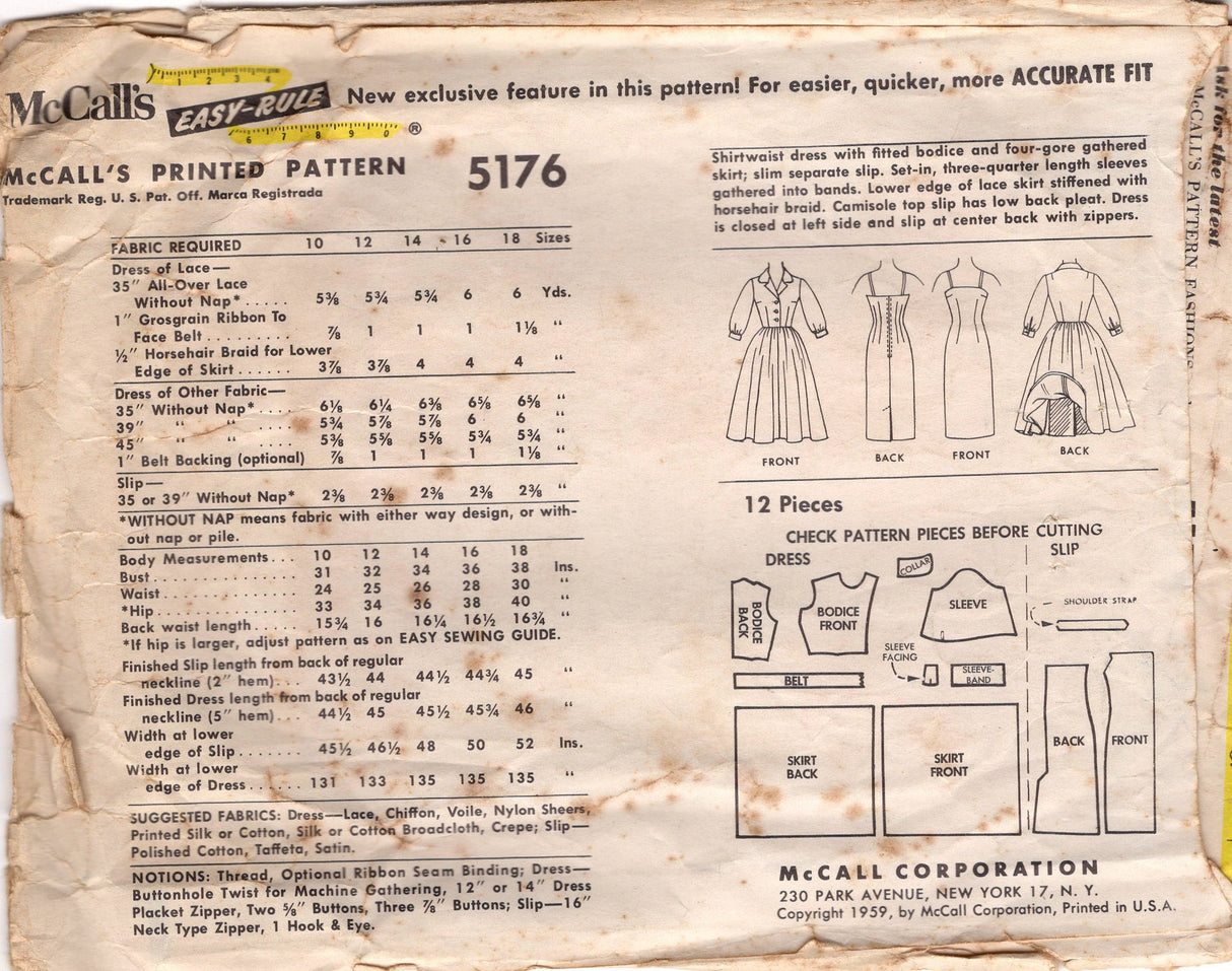1950's McCall's Shirtwaist Dress and Slip Pattern - Bust 34" - No. 5176