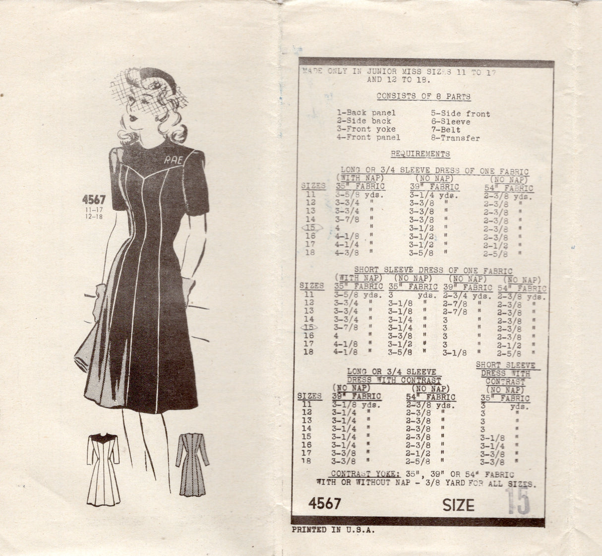 1940's Anne Adams Yoked Princess Line Dress Pattern - Bust 33" - No. 4567