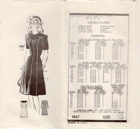 1940's Anne Adams Yoked Princess Line Dress Pattern - Bust 33" - No. 4567