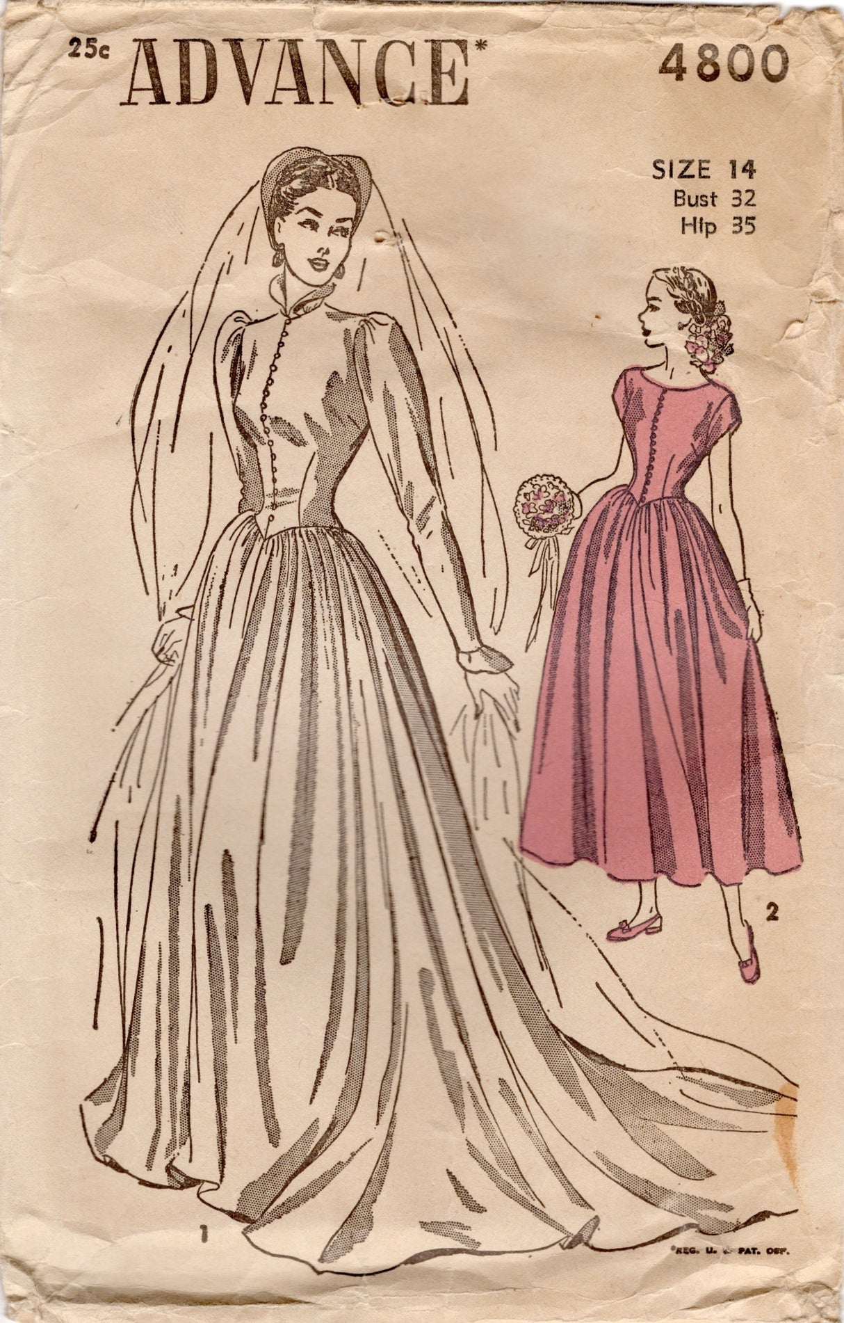 1940's Advance Wedding Gown in Tea Length with Two Neckline options - Bust 32" - No. 4800