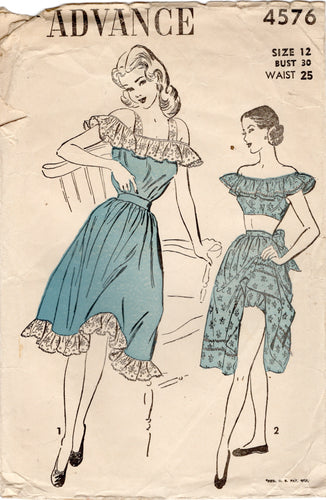 1940's Advance Play Suit Pattern with Off the Shoulder Crop Top, Blouse, Gathered Skirt and Panties - Bust 30