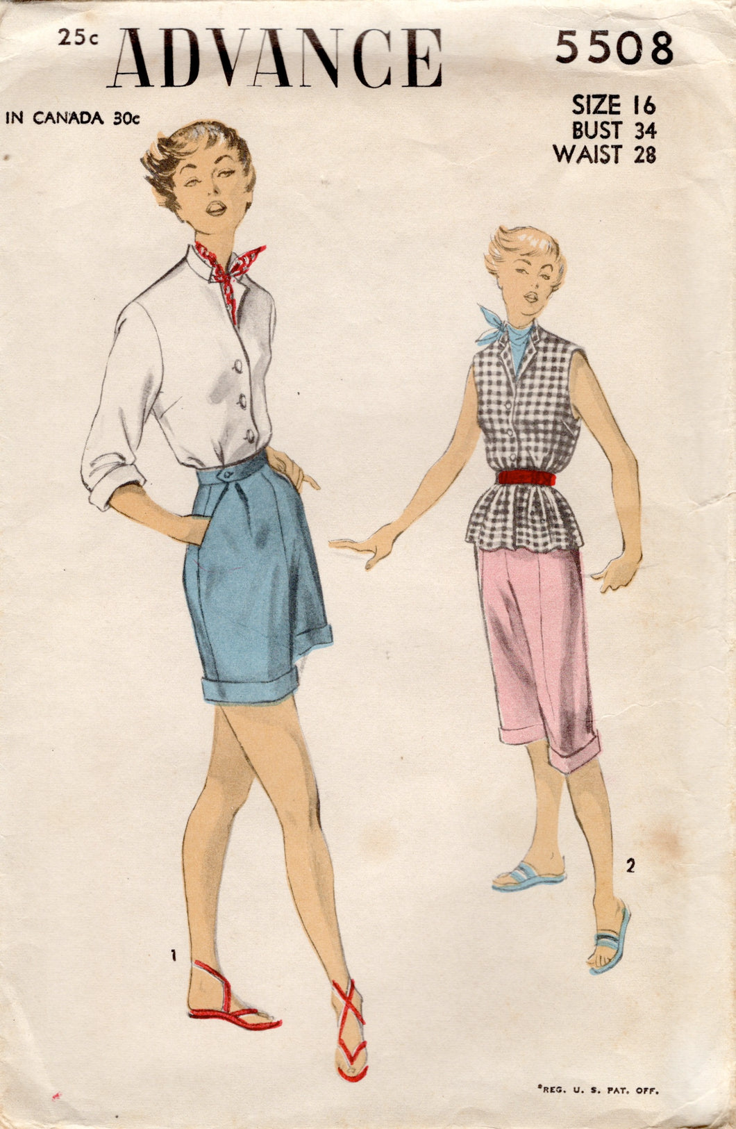 1950's Advance High Waisted Shorts and Pants, and Button up Shirt Pattern - Bust 34