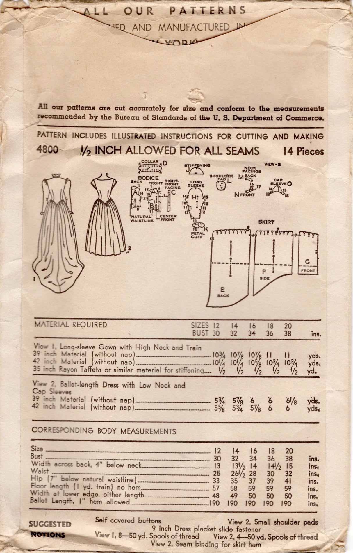 1940's Advance Wedding Gown in Tea Length with Two Neckline options - Bust 32" - No. 4800