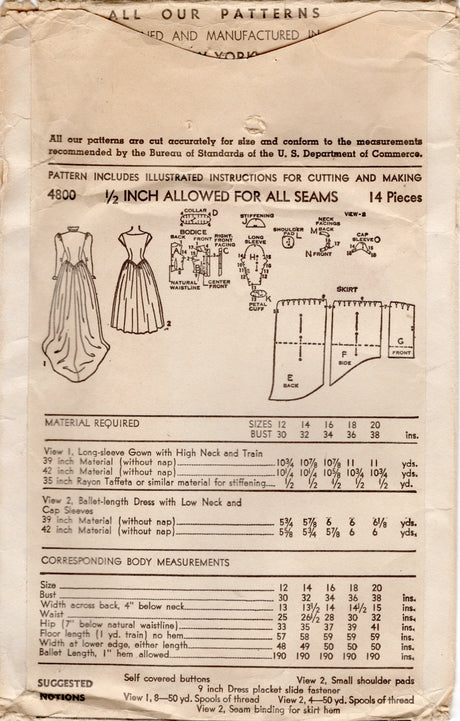 1940's Advance Wedding Gown in Tea Length with Two Neckline options - Bust 32" - No. 4800