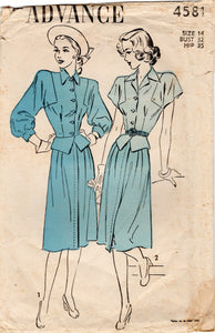1940's Advance Two Piece Dress with Peplum and Square Armseye - Bust 32" - No. 4581