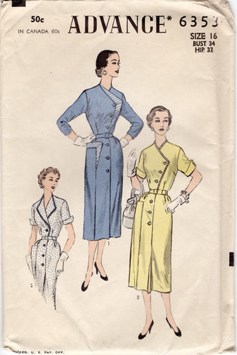 1950's Advance Cross-over Front Dress Pattern with Tab Accent pattern - Bust 34