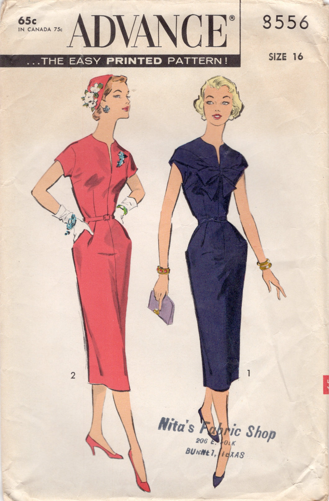 1950's Advance Sheath Dress Pattern with Slit Neckline and Draped Bow Accent pattern - Bust 36
