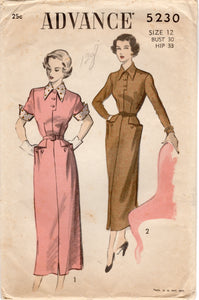 1950's Advance One Piece Dress with Tab detail and Billowy Pockets - Bust 30" - No. 5230