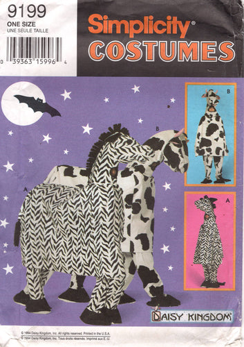 1990's Simplicity One or Two person Zebra or Cow Costume Pattern - One Size- No. 9199