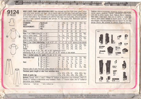 1970's Simplicity Men's Western Button Up Shirt, Vest and Yoked Pants Pattern - Chest 34" - No. 9124