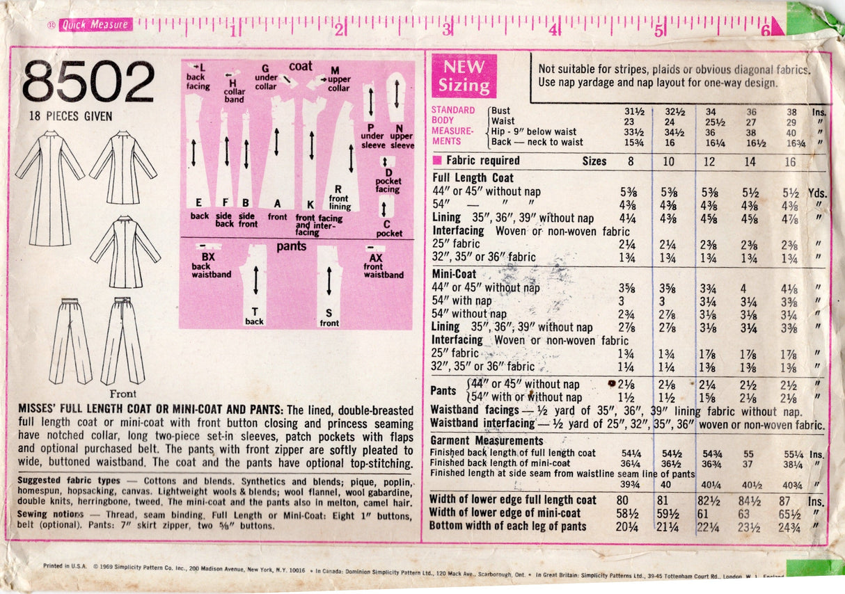 1960's Simplicity Double Breasted Coat Pattern in Two Lengths - Bust 32.5" - No. 8502