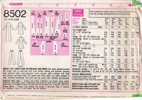 1960's Simplicity Double Breasted Coat Pattern in Two Lengths - Bust 32.5" - No. 8502
