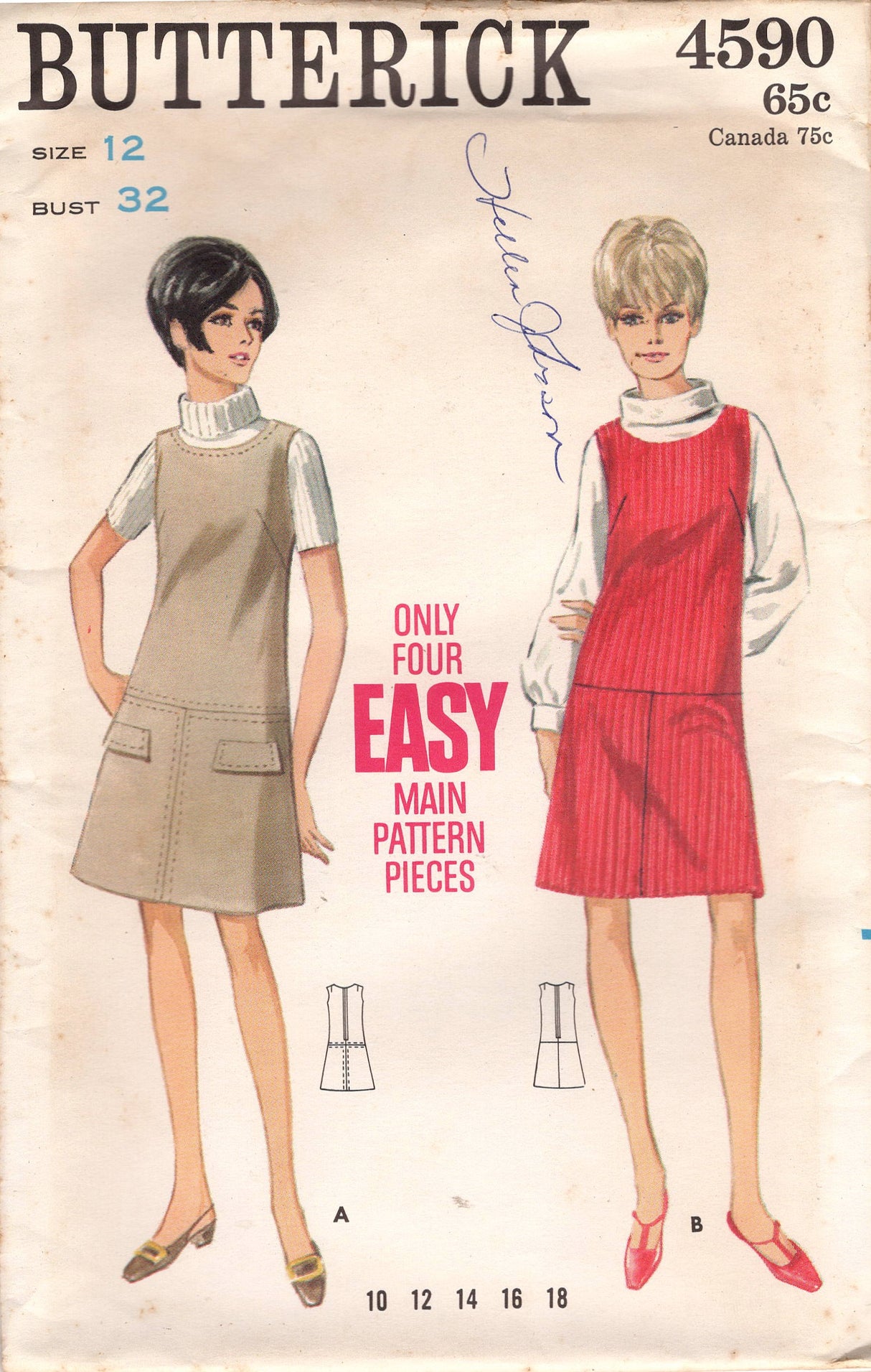 1960's Butterick Drop Waist Jumper Dress Pattern - Bust 32" - No. 4590