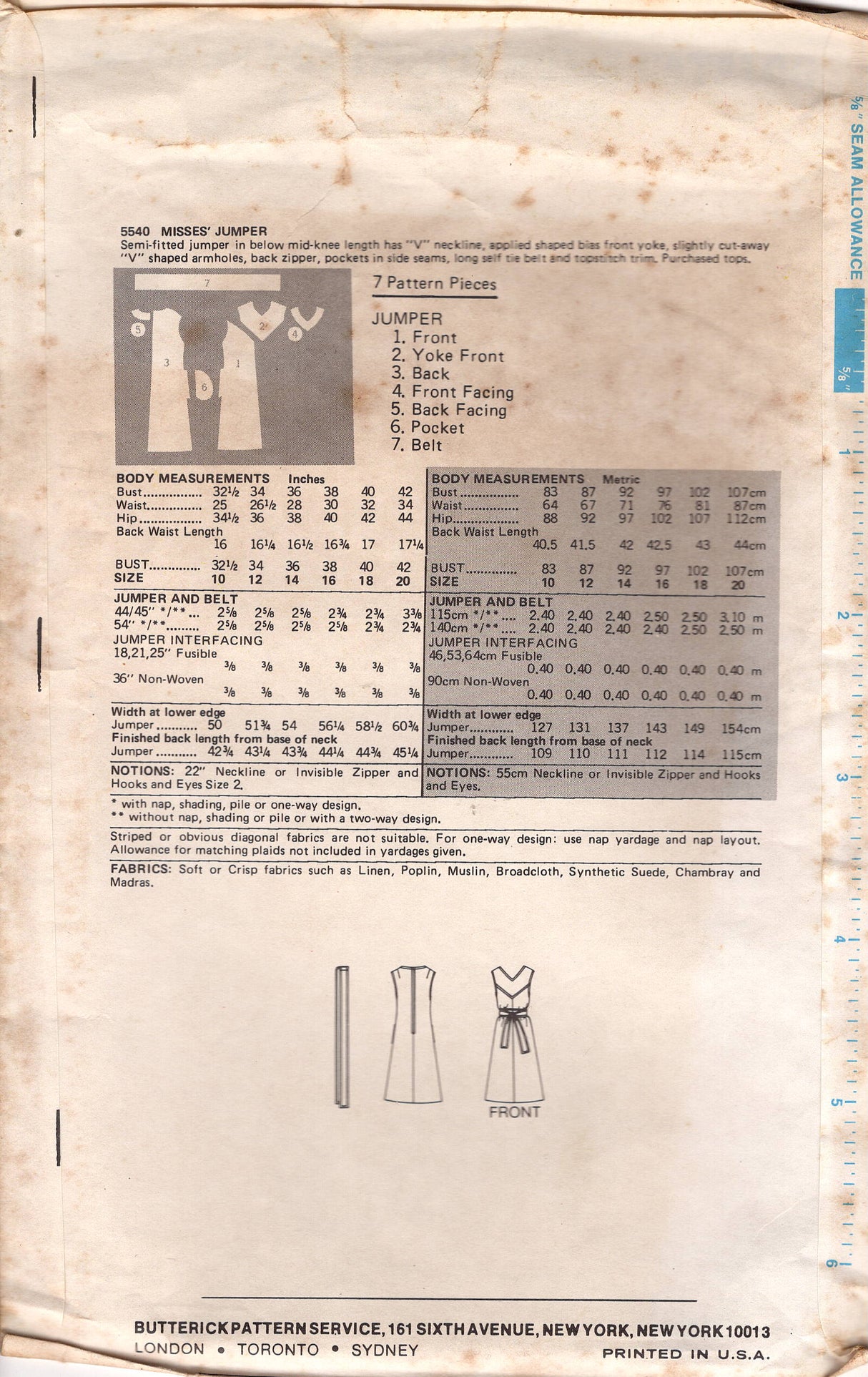 1970's Butterick Yoked Jumper Dress Pattern - Bust 32.5" - No. 5540