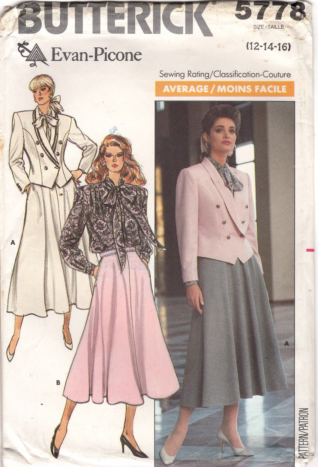 1980's Butterick Double Breasted Jacket, Button Up Top with Pussy Bow, and Flared Skirt pattern - Bust 34-38