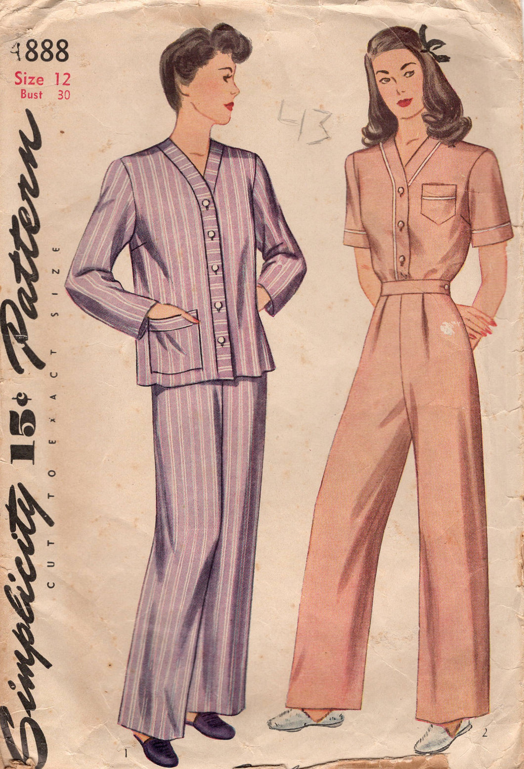 1940's Simplicity Two Piece Pajama pattern with Patch Pocket - Bust 30