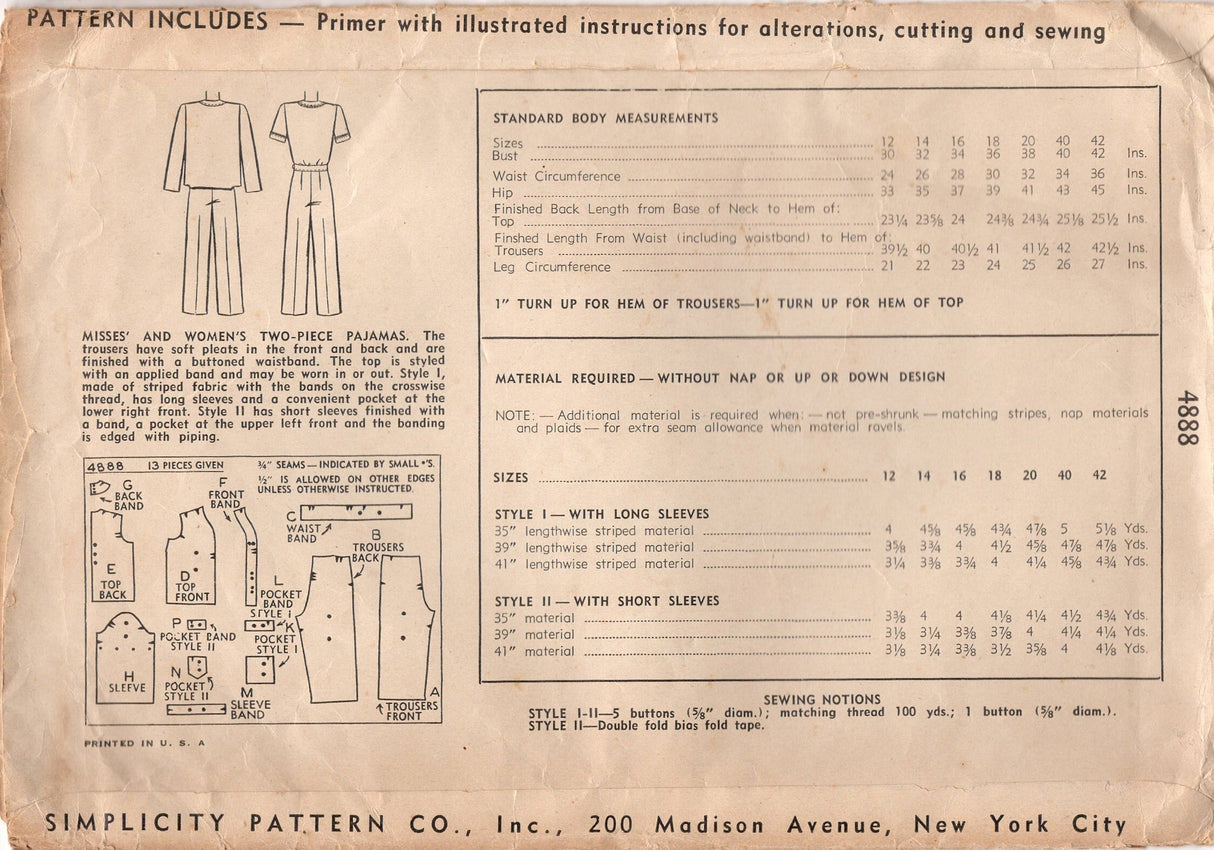 1940's Simplicity Two Piece Pajama pattern with Patch Pocket - Bust 30" - No. 4888