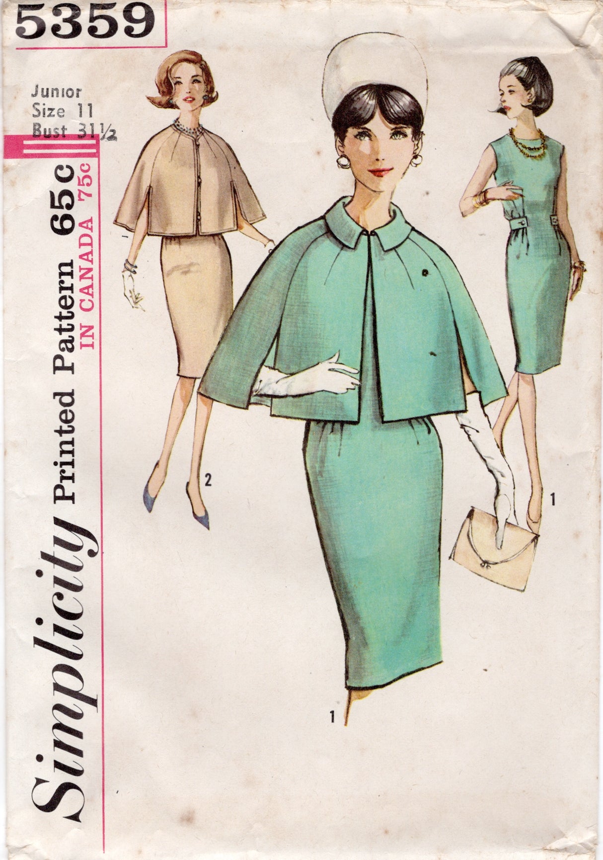 1960's Simplicity Sheath Dress Pattern with Tab Accents and Cape Pattern - Bust 31.5" - No. 5359