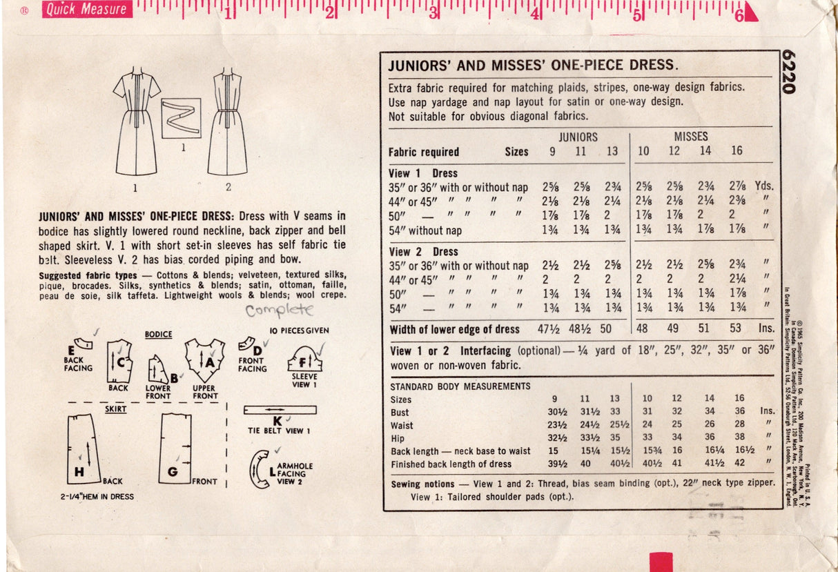 1960's Simplicity One-Piece Dress Pattern with Accent Panel Bodice - Bust 31.5" - No. 6220