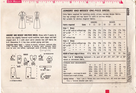 1960's Simplicity One-Piece Dress Pattern with Accent Panel Bodice - Bust 31.5" - No. 6220