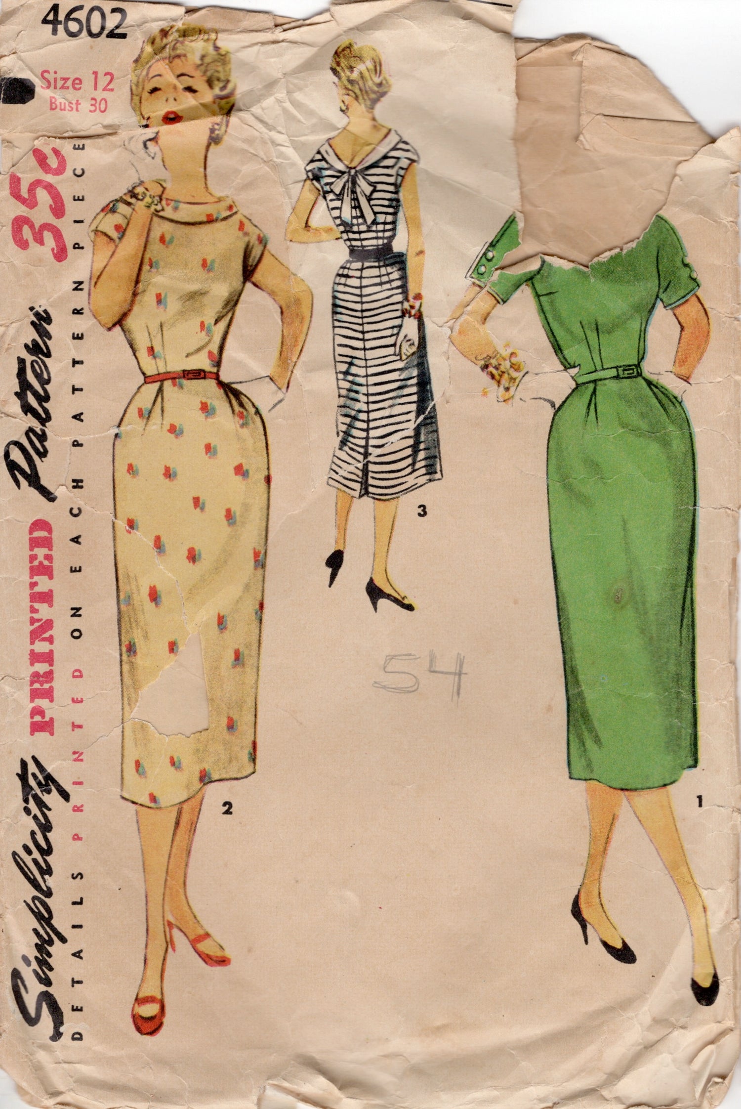 1950's Simplicity One Piece Sheath Dress Pattern with Detachable Collar - Bust 30" - No. 4602 1950's Simplicity One Piece Sheath Dress Pattern with Detachable Collar - Bust 30" - No. 4602