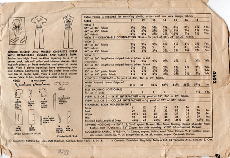 1950's Simplicity One Piece Sheath Dress Pattern with Detachable Collar - Bust 30" - No. 4602