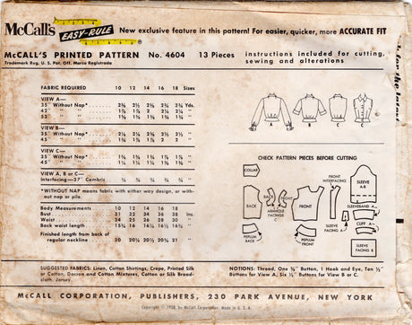 1950's McCall's Button Up Blouse with Peplum Pattern - Bust 36" - No. 4604