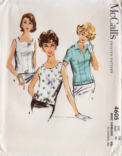 1950's McCall's Over Blouse with Three Necklines or Collar - Bust 38