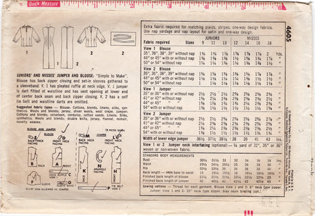 1960's Simplicity Sheath Dress and Blouse Pattern - Bust 34" - No. 4605