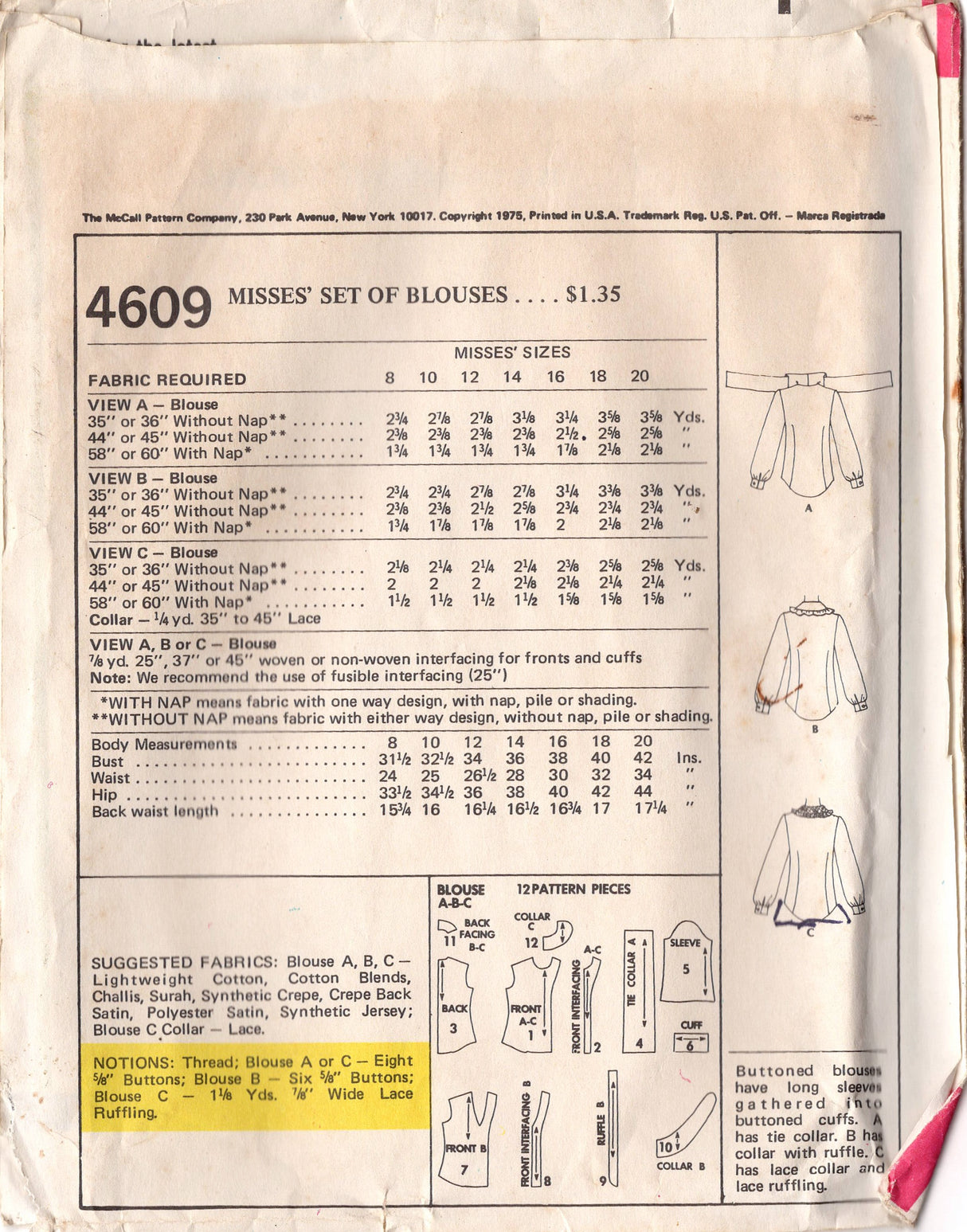 1970's McCall's Button Up Blouse Pattern with Large Collar - Bust 38" - No. 4609
