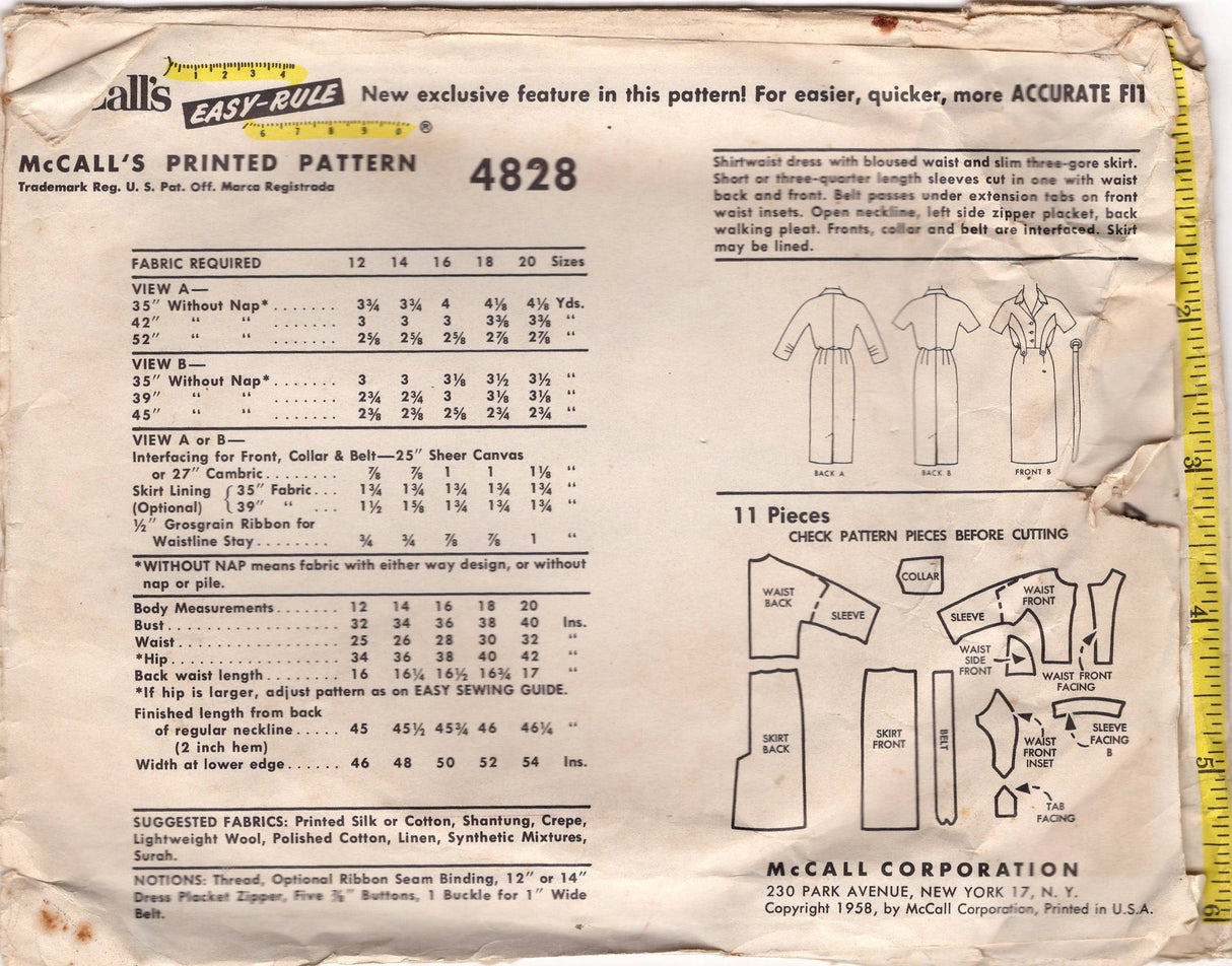 1950's McCall's Shirtwaist Dress Pattern with Extended Side Fronts - Bust 36" - No. 4828