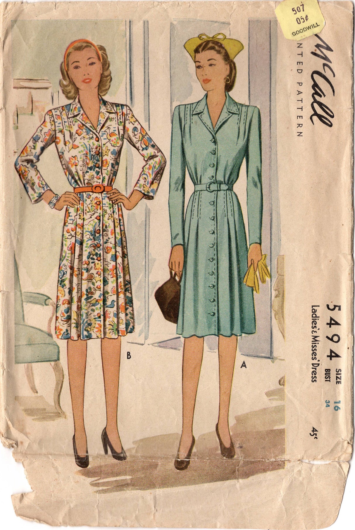 1940's McCall's Button Front Dress Pattern with Tucked Shoulders - Bust 34" - No. 5494