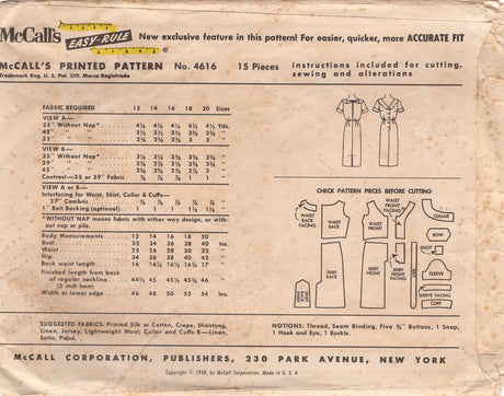 1950's McCall's Sheath Dress Pattern with Bloused Back and Bow at back - Bust 34" - No. 4616