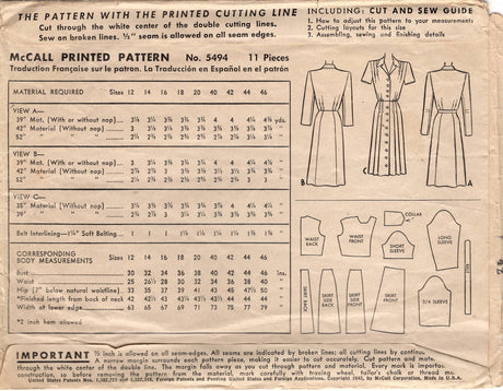 1940's McCall's Button Front Dress Pattern with Tucked Shoulders - Bust 34" - No. 5494