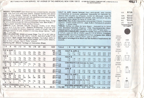 1990's Butterick with Rimini Button Front Top with Princess seams and Pencil or Flared Skirt Pattern- Bust 30.5-32.5" - No. 4621