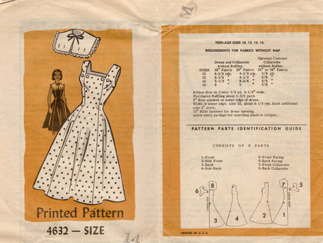 1950's Anne Adams Square Neckline Princess Line Dress Pattern with Button On Collar - Bust 34" - No. 4632