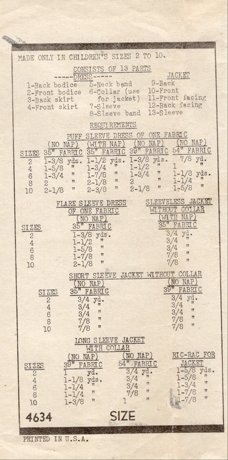 1940's Mail Order Child's Dress and Bolero Jacket Pattern - Chest 24" - No. 4634