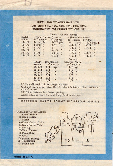 1950's Anne Adams Shift Dress Pattern with Large Yoke and Button Accent - Bust 37" - No. 4644