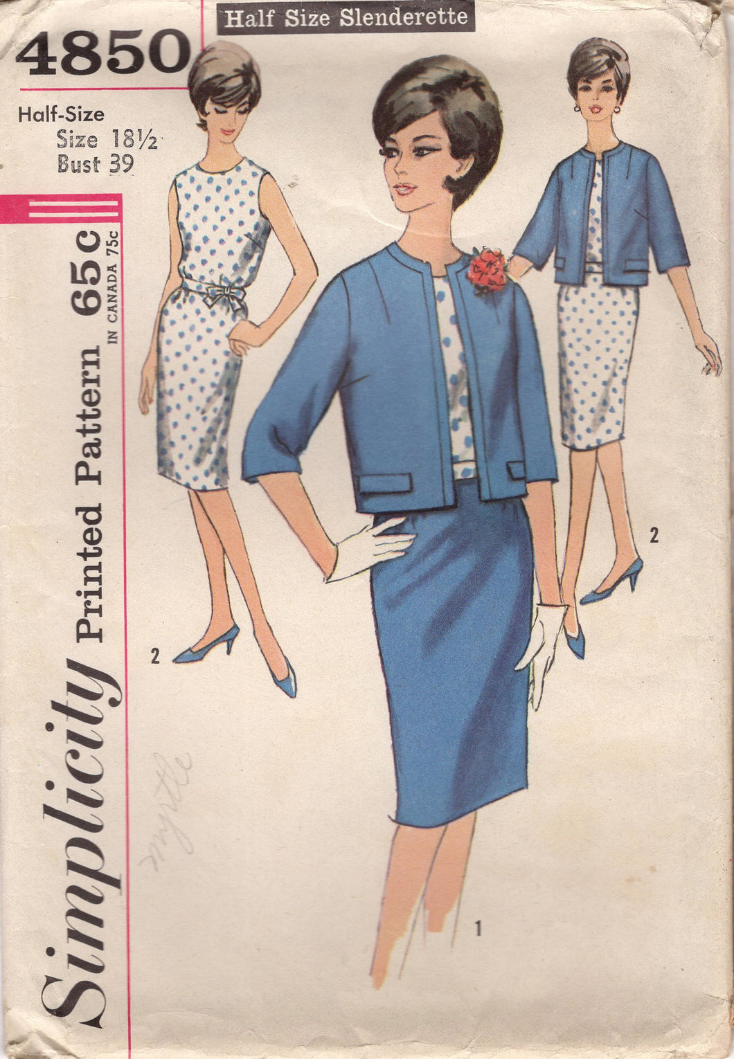 1960's Simplicity Sleeveless Blouse, Pencil Skirt and Boxy Jacket pattern - Bust 39