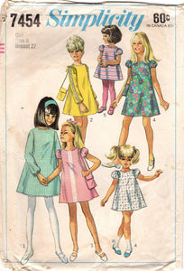 1960's Simplicity Child's Midi Shift Dress with Puff or Long Sleeve and Bag pattern - Chest 27" - No. 7454