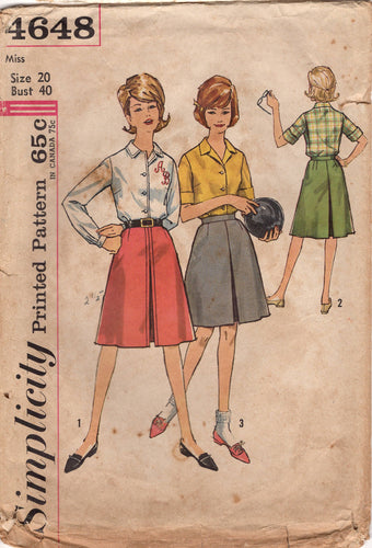 1960's Simplicity Button Up Shirt and Pleated Front Skirt pattern - Bust 40