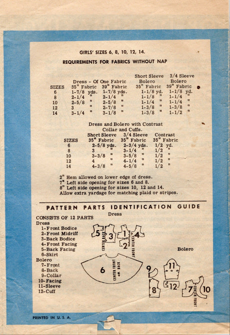 1950's Mail Order Child's Dress and Bolero Jacket Pattern - Chest 28" - No. 4649